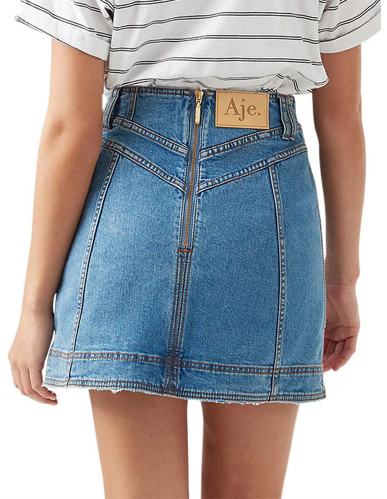 Aje Belmond Mini Skirt in Denim Blue Size 8 and Logo Tee White Print Size 6 Set - Image 6