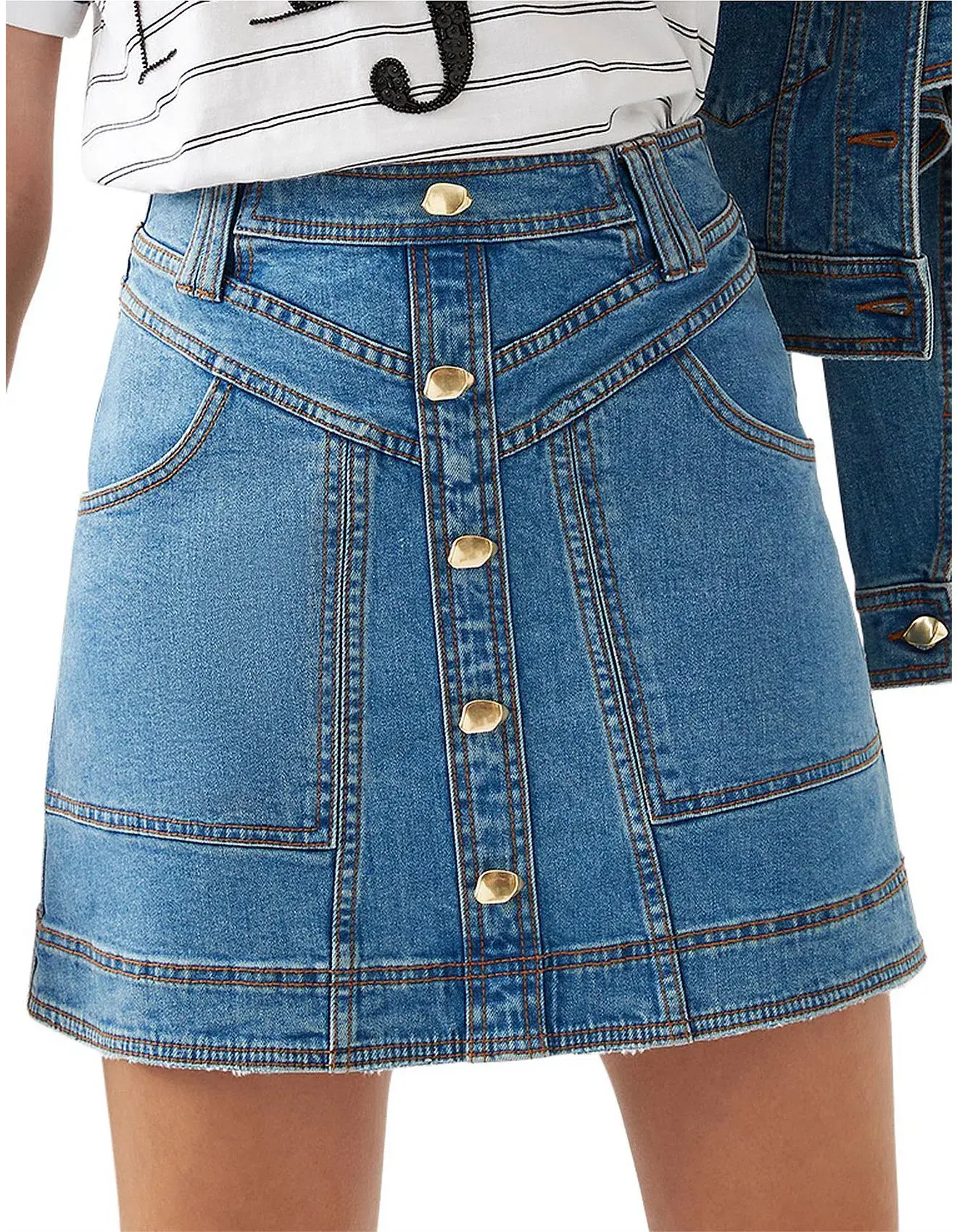Aje Belmond Mini Skirt in Denim Blue Size 8 and Logo Tee White Print Size 6 Set - Image 4