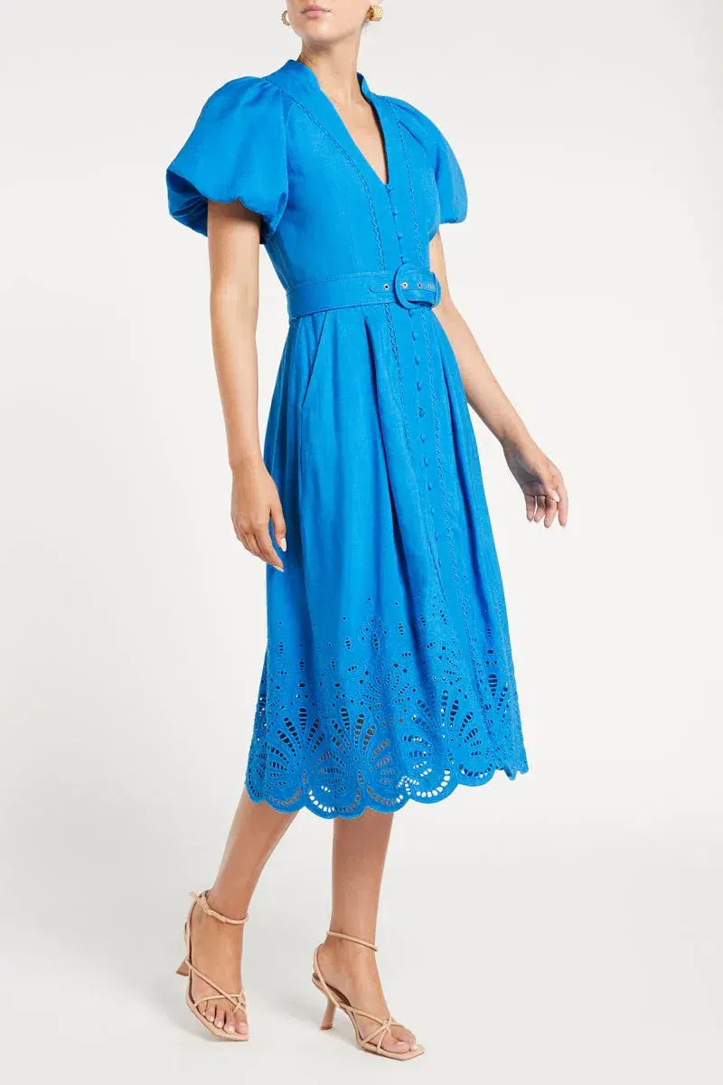 Rebecca Vallance Isidora Puff Sleeve Midi Dress Blue Size 8 - Image 2