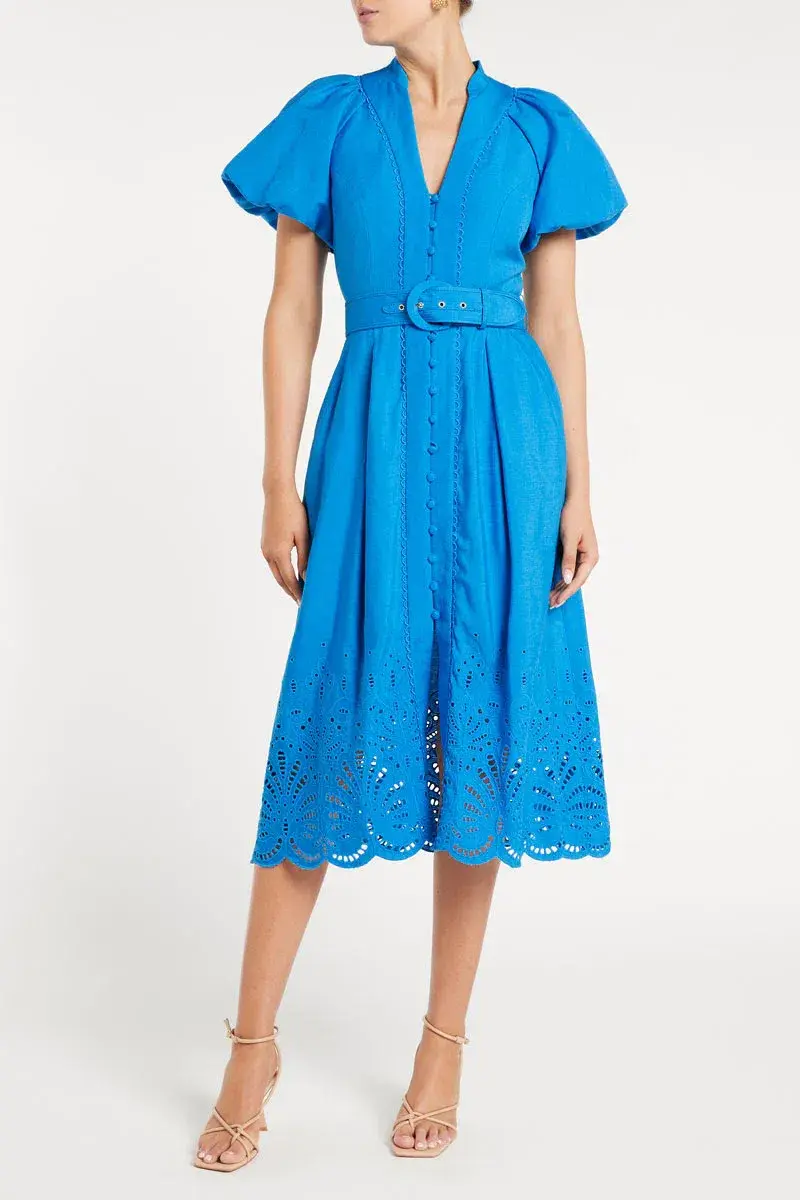 Rebecca Vallance Isidora Puff Sleeve Midi Dress Blue Size 8 - Image 1