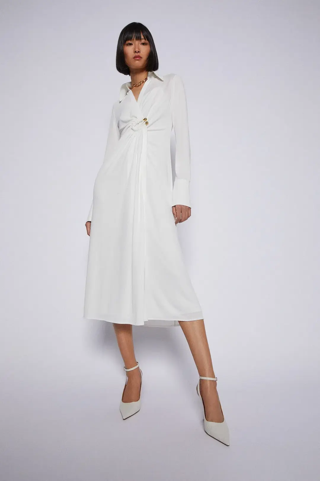 Scanlan Theodore Drape Gold Trim Dress White Size 10 for rent on The Volte - main image