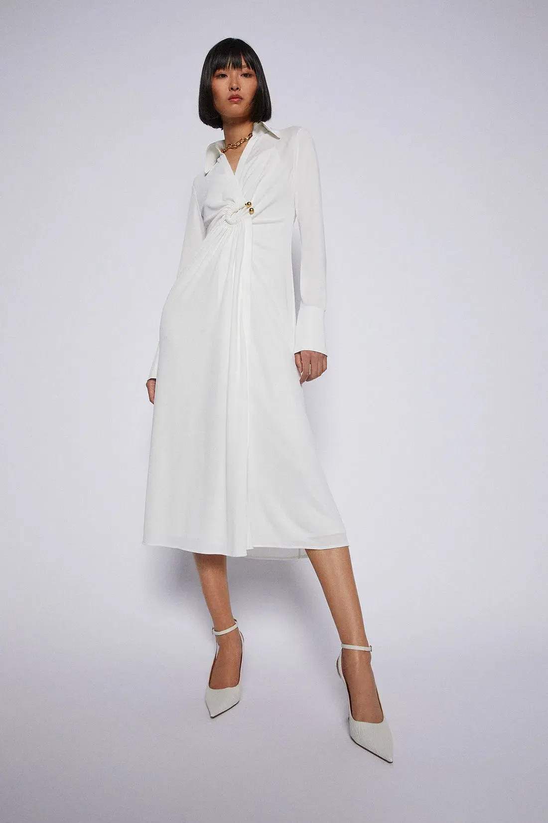 Scanlan Theodore Drape Gold Trim Dress White Size 10 - Image 1