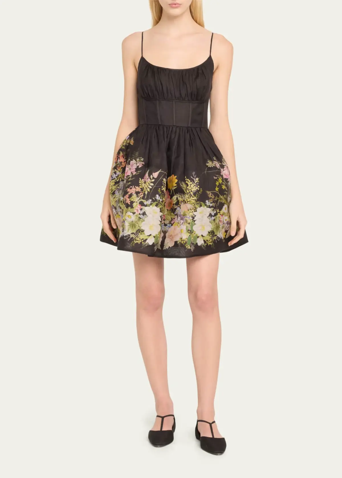 Zimmermann Natura Ruched Mini Dress in Black Wild Flowers Size 0 / AU 8 - Image 1