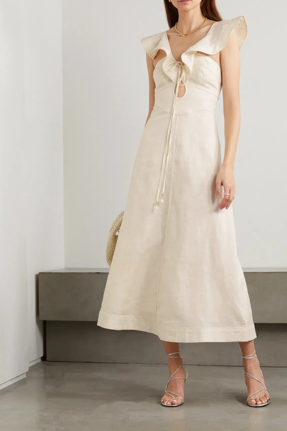 Zimmermann Halcyon Cutout Ruffled Shell-Embellished Linen Midi Dress Cream Size 3 /Best Fits AU 12 - Image 1
