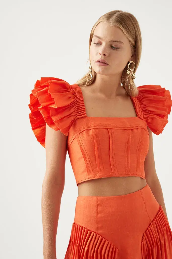 Aje Imagination Frill Sleeve Top Size 14 & Yves Midi Skirt Size 12 Set Orange - Image 2