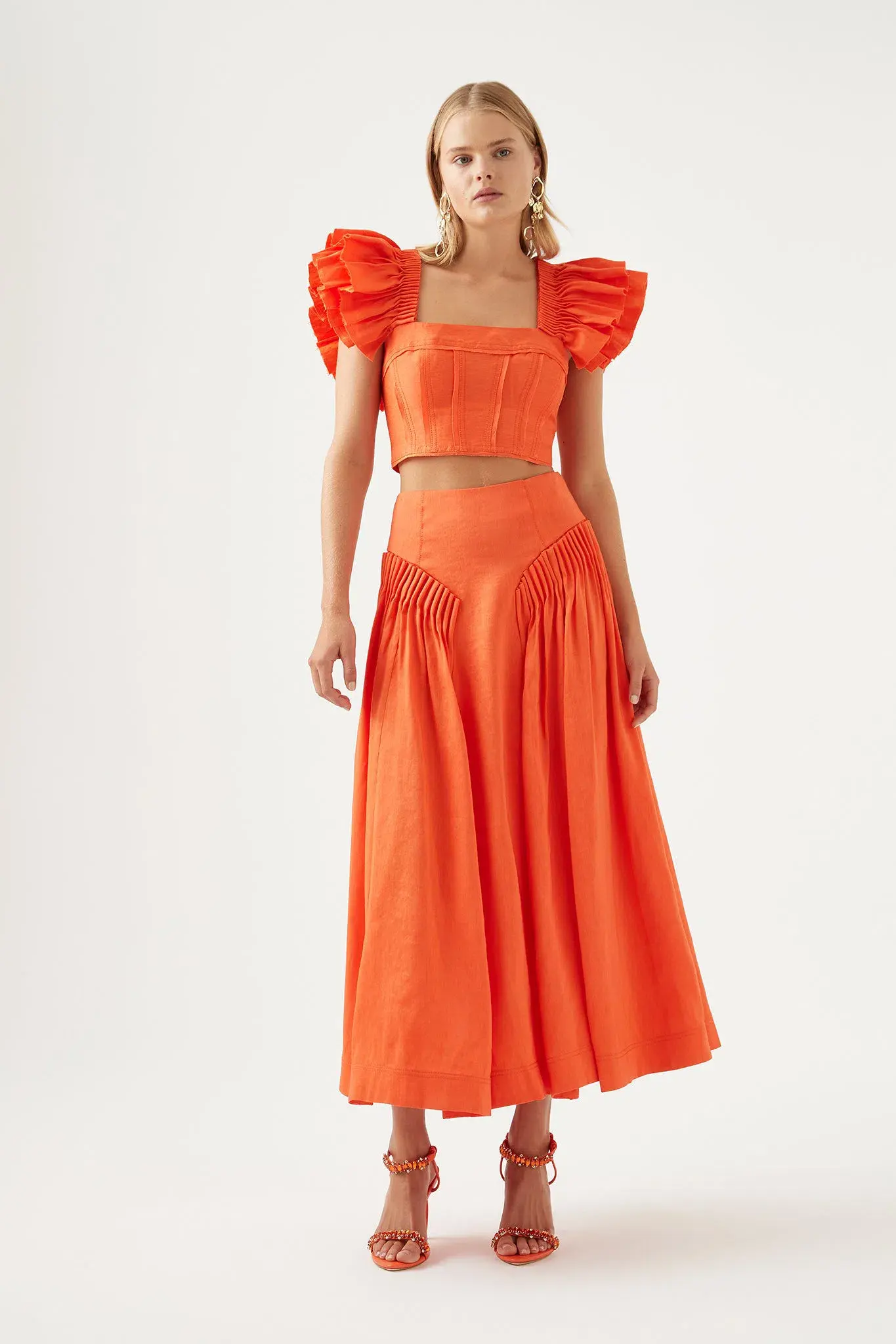 Aje Imagination Frill Sleeve Top Size 14 & Yves Midi Skirt Size 12 Set Orange - Image 1