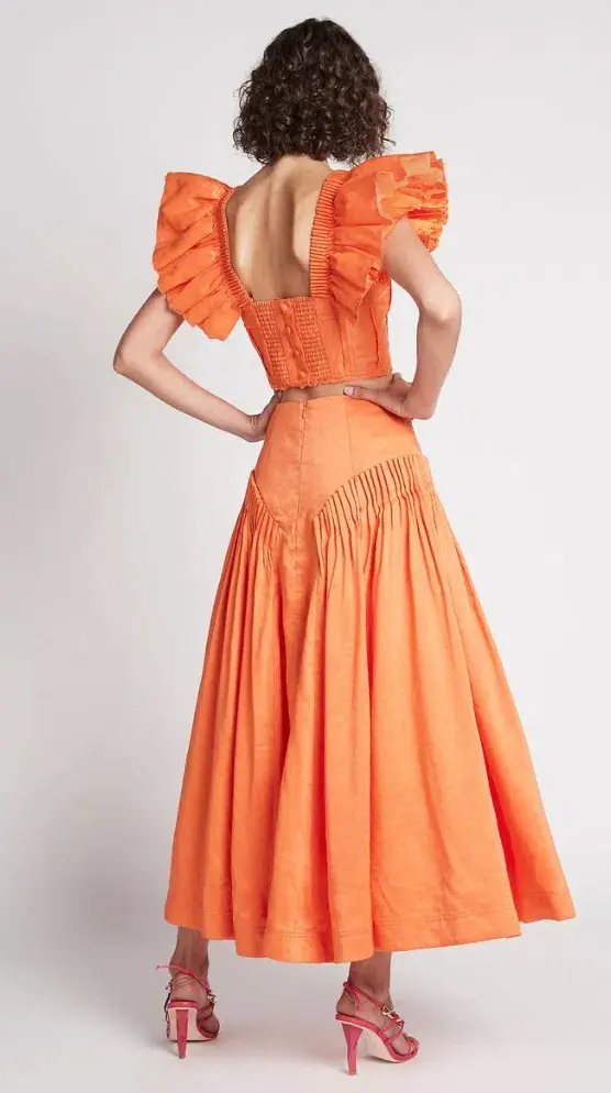 Aje Imagination Frill Sleeve Top Size 14 & Yves Midi Skirt Size 12 Set Orange - Image 3