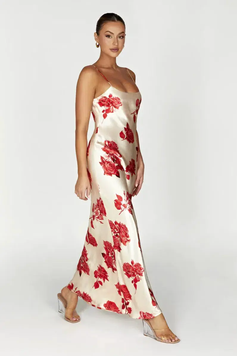 Meshki Rosalie Maxi Dress White & Red Rose Print Size S / AU 8 - Image 4