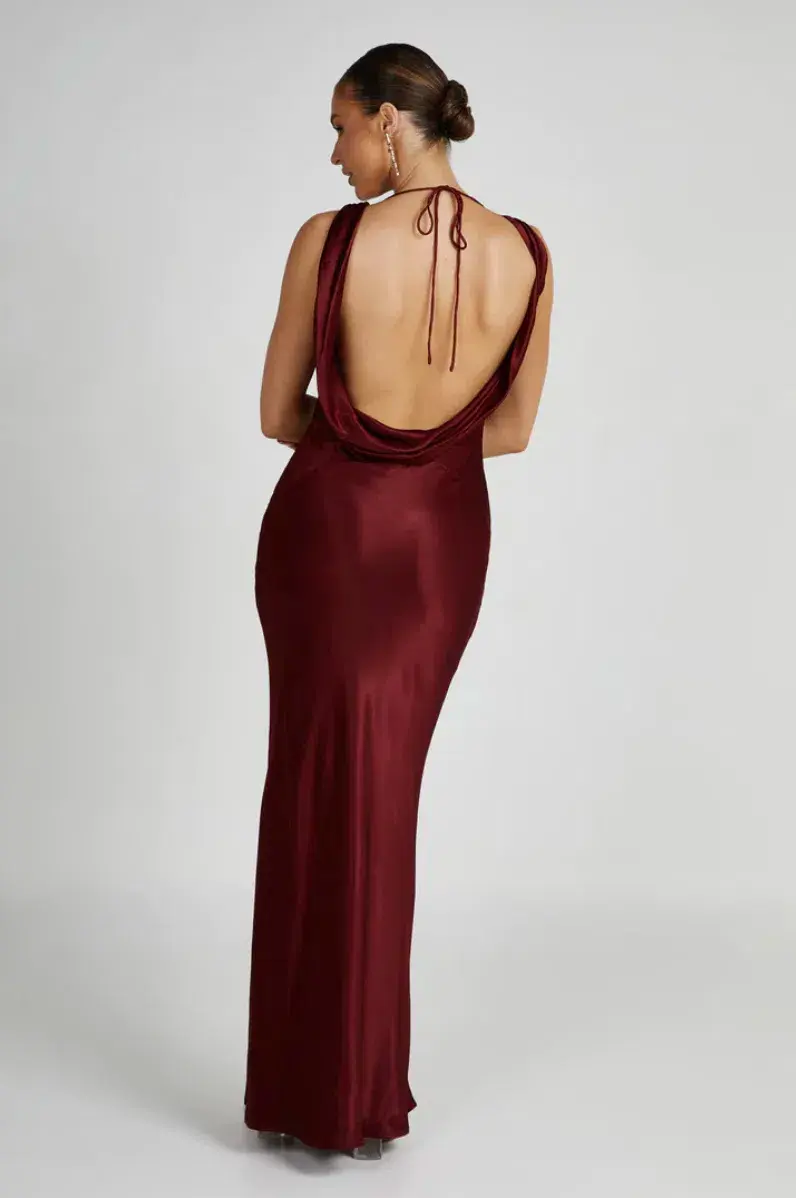 MESHKI Angelique Satin Cowl Back Maxi Dress Berry in Size S / AU 8 - Image 2