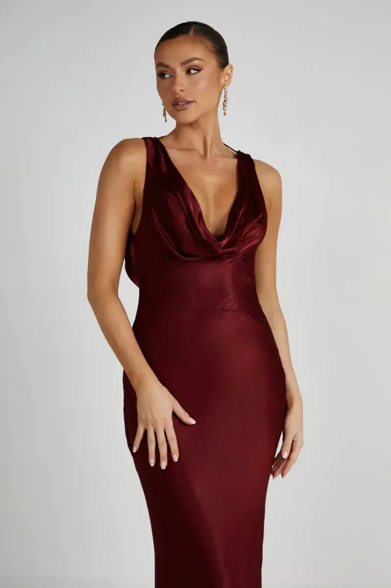 MESHKI Angelique Satin Cowl Back Maxi Dress Berry in Size S / AU 8 - Image 3