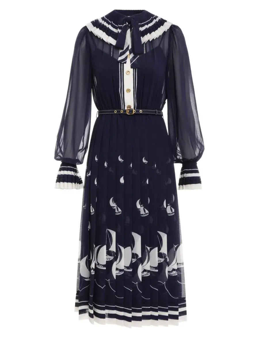 Zimmermann Pleated Tie Neck Midi Dress Moonlight Sailboats Size 0P / AU 6  for rent on The Volte - main image