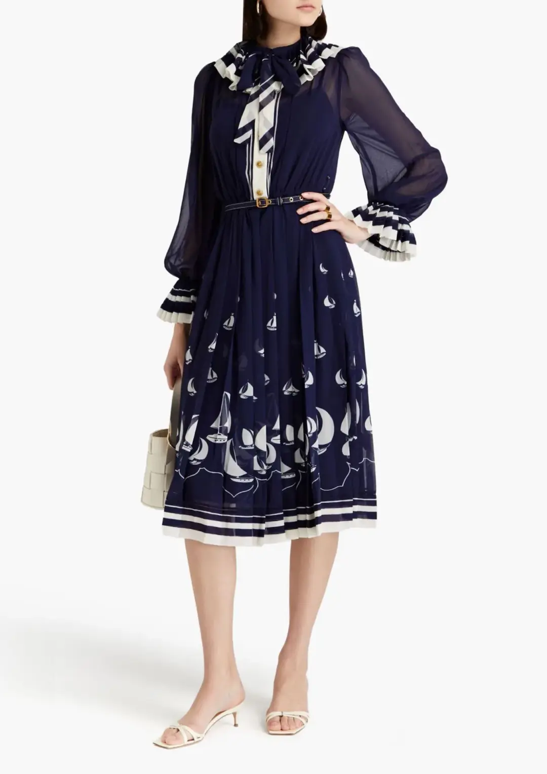  Zimmermann Pleated Tie Neck Midi Dress Moonlight Sailboats Size 0P / AU 6  for rent on The Volte - main image