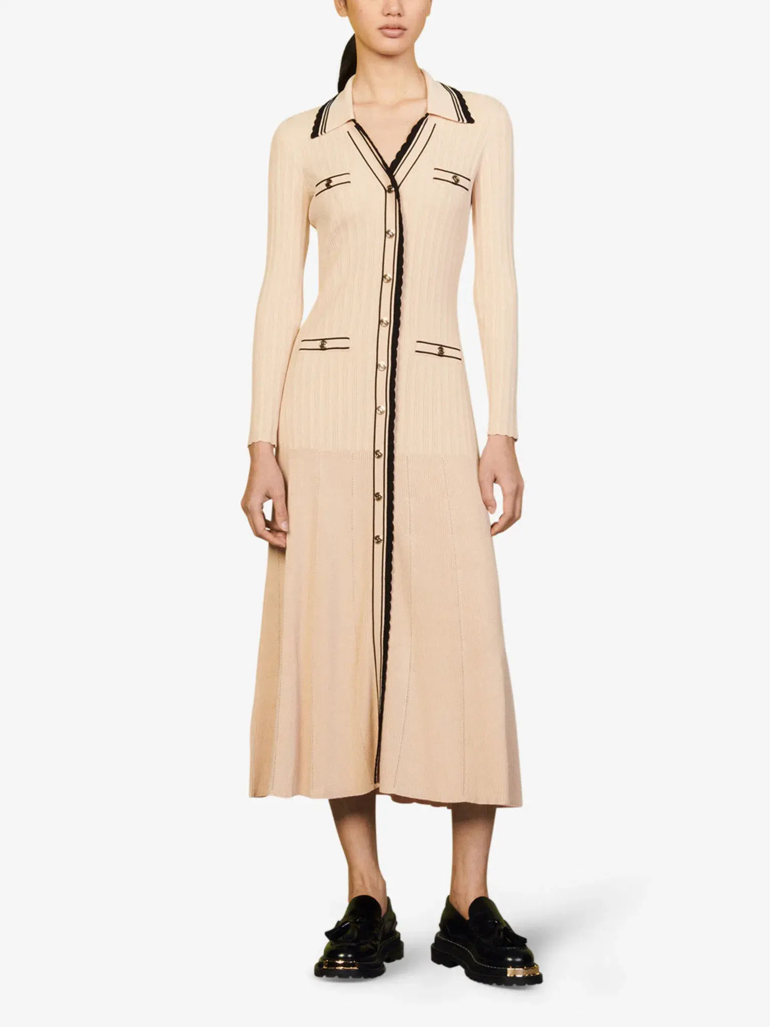 Sandro Alexandrine Ribbed Knit Midi Dress Beige Size 6 AU - Image 6