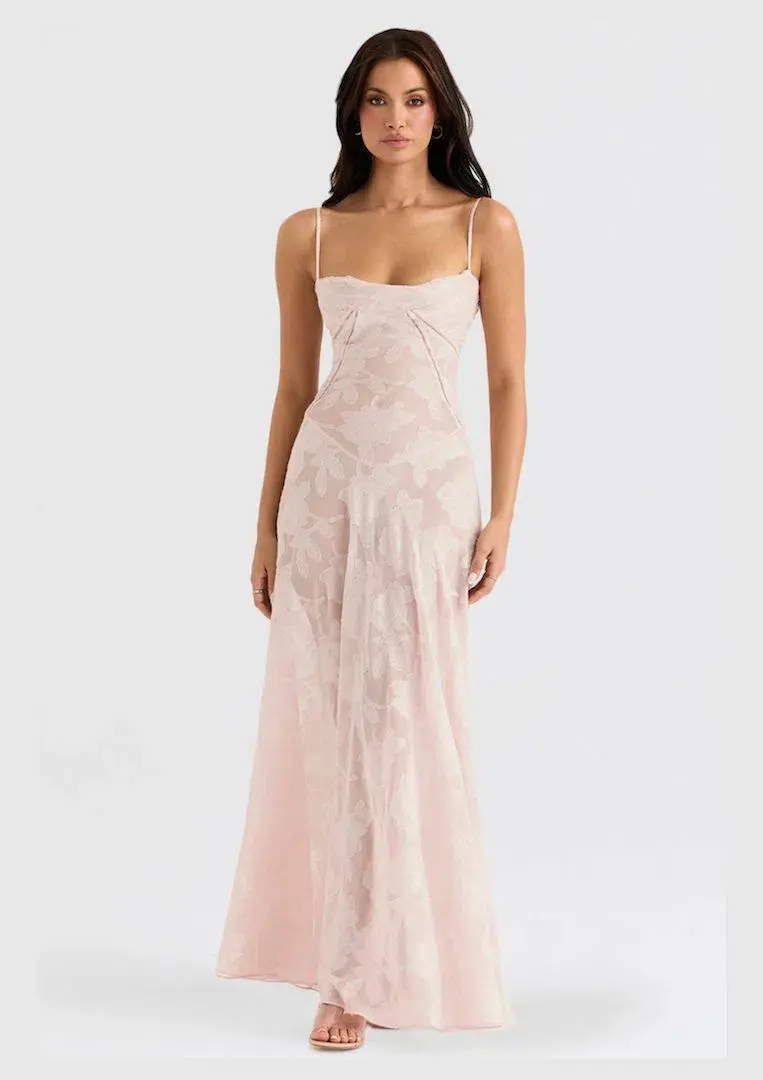 House of CB Seren Lace Back Maxi Gown Soft Pink Floral Size S / AU 8 - Image 2