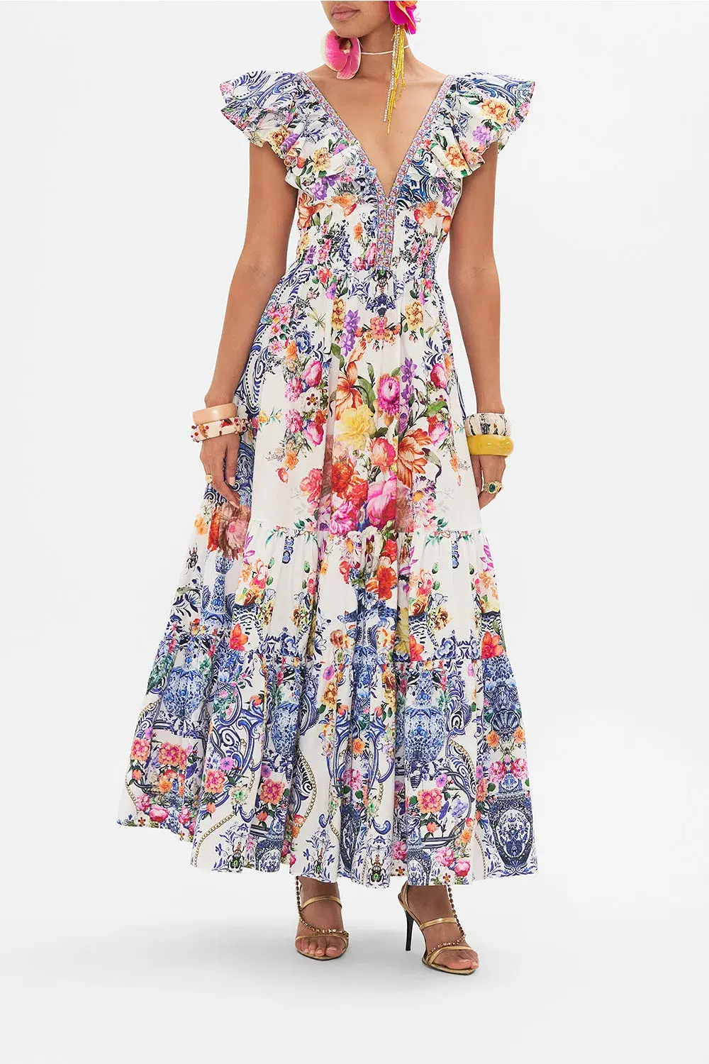 Camilla Dutch is life Tiered Dress With Neck Frill Multi Floral Size XL/ AU 16 for rent on The Volte - main image