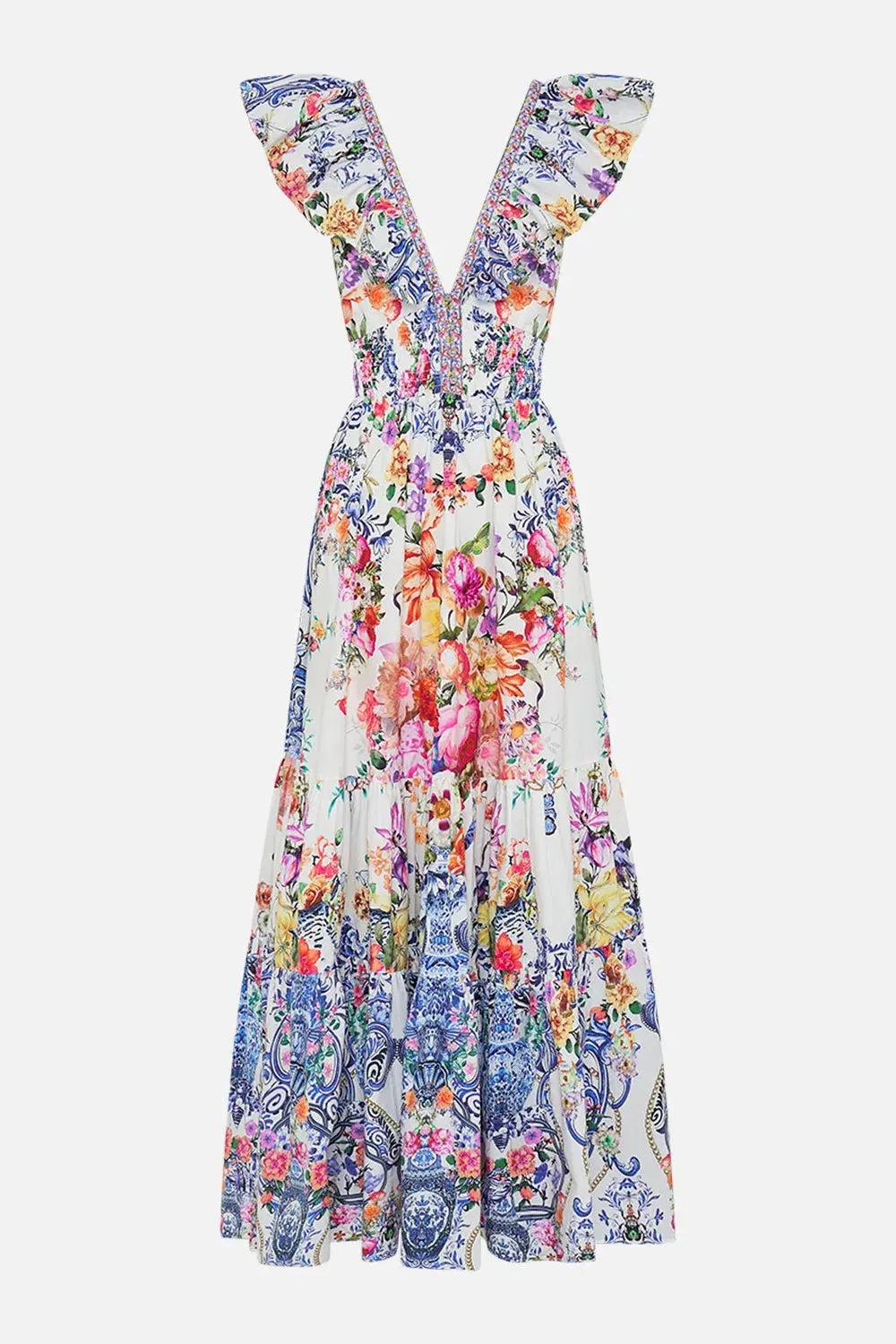 Camilla Dutch is life Tiered Dress With Neck Frill Multi Floral Size XL/ AU 16 - Image 3