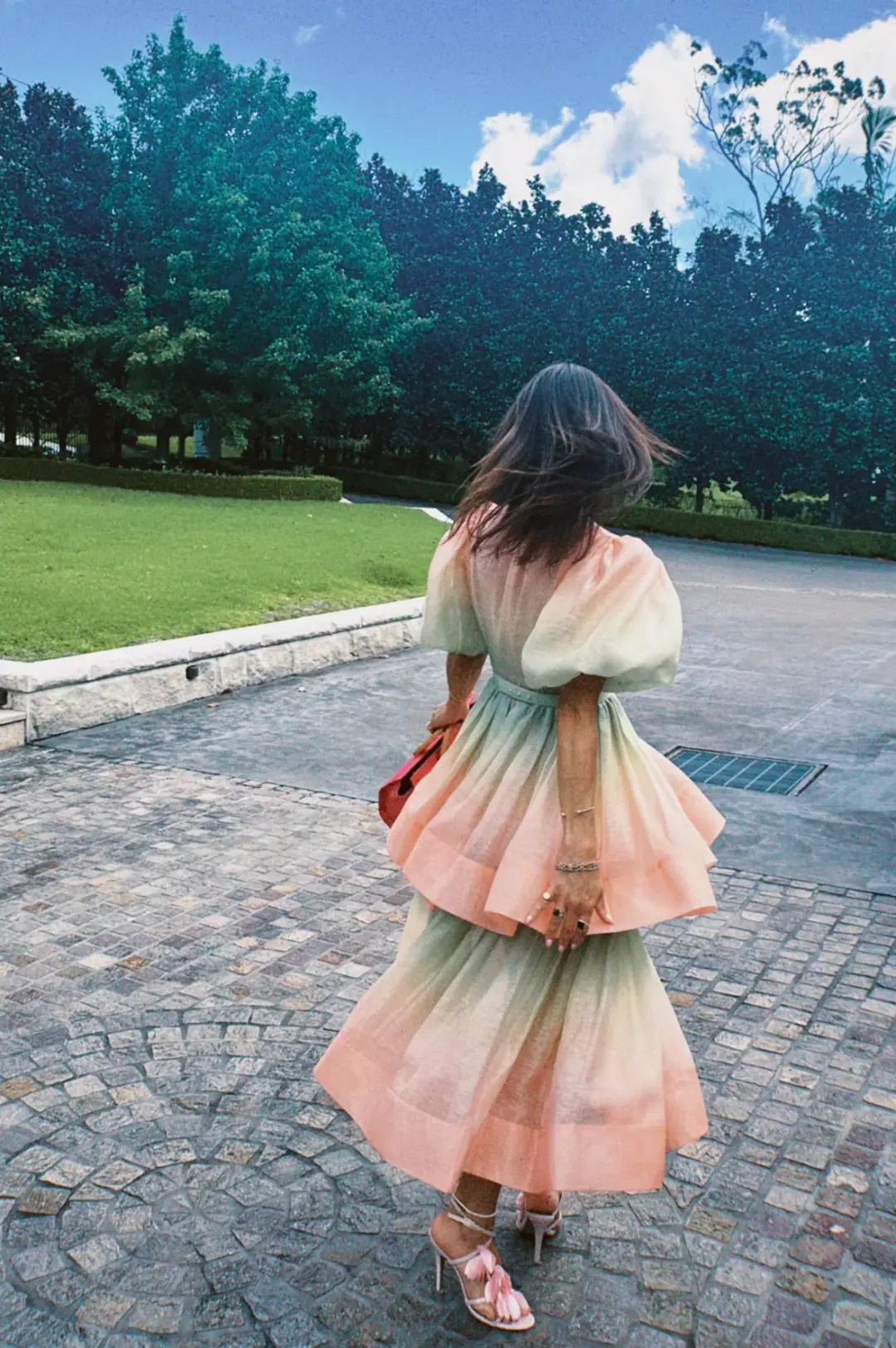 Zimmermann Postcard Puff Sleeve Midi Dress Ombre Watermelon Size 1 / AU 10 for rent on The Volte - main image