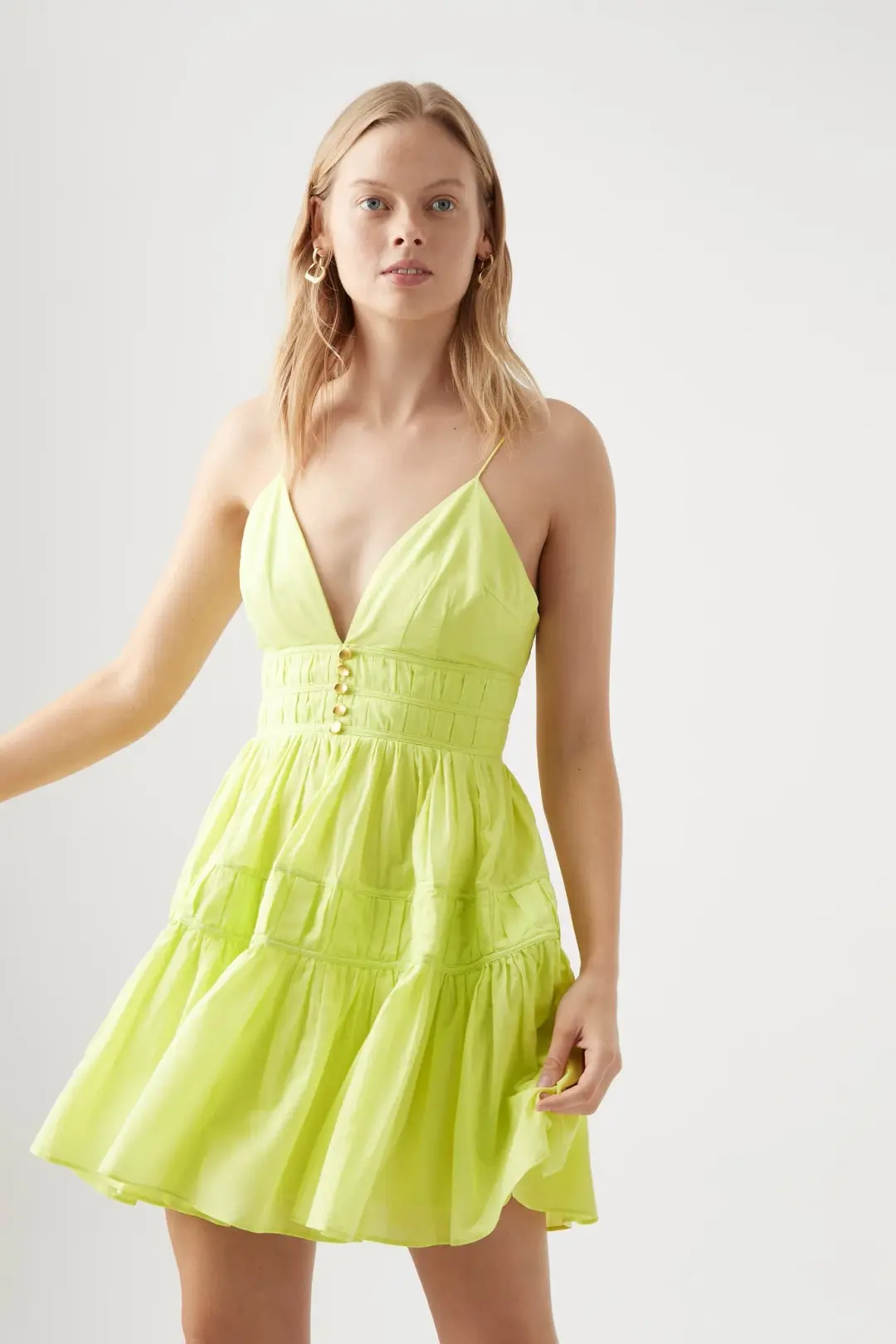 Aje Grace Tiered Mini Dress Light Lemon Size 10 for rent on The Volte - main image