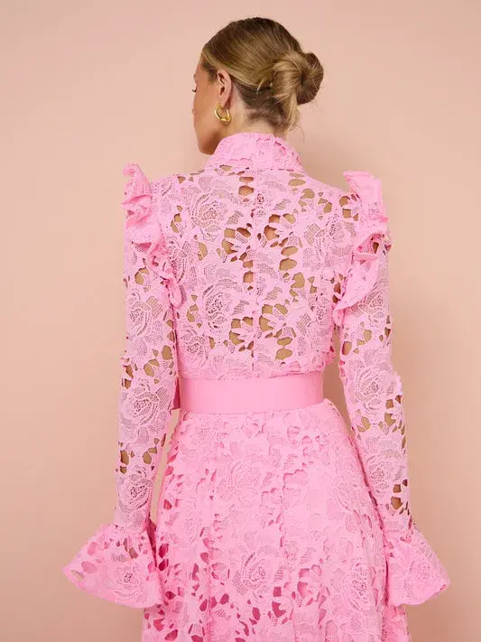Leo Lin Aliyah Lace Butterfly Sleeve Midi Dress Candy Pink Size AU 8 - Image 3