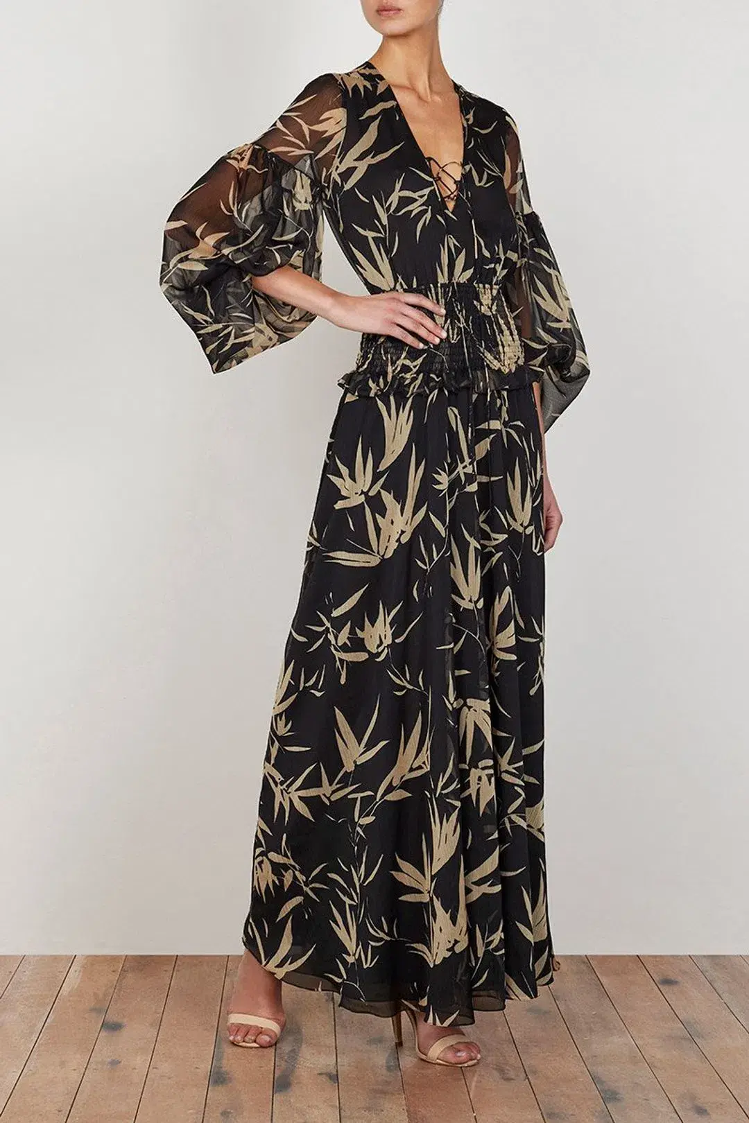 Shona Joy Monterey Shirred Lace Up Maxi Dress in Black/Wheat Print Size AU 8 - Image 3