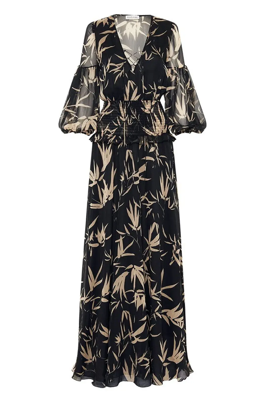 Shona Joy Monterey Shirred Lace Up Maxi Dress in Black/Wheat Print Size AU 8 - Image 6