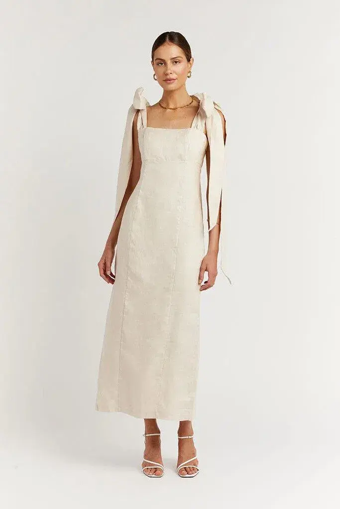 Dissh Aisle Linen Bow Midi Dress In Pearl Size 8 - Image 1