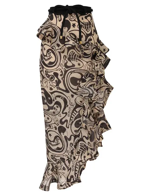 Zimmermann The Matchmaker Waterfall Skirt in Black/Tea Abstract Musical Size 0/Au  - Image 2