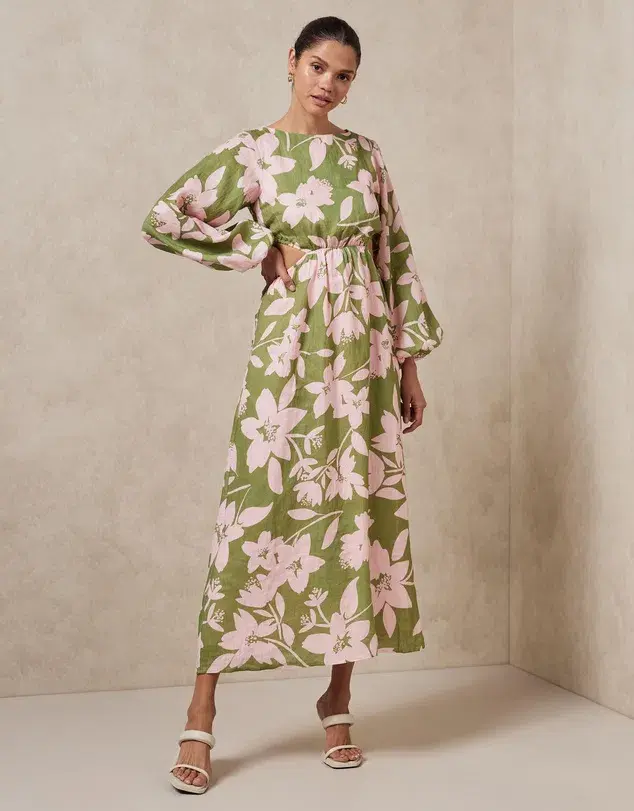 Aere Linen Billow Sleeve Maxi Dress Green Floral Size 6 - Image 1