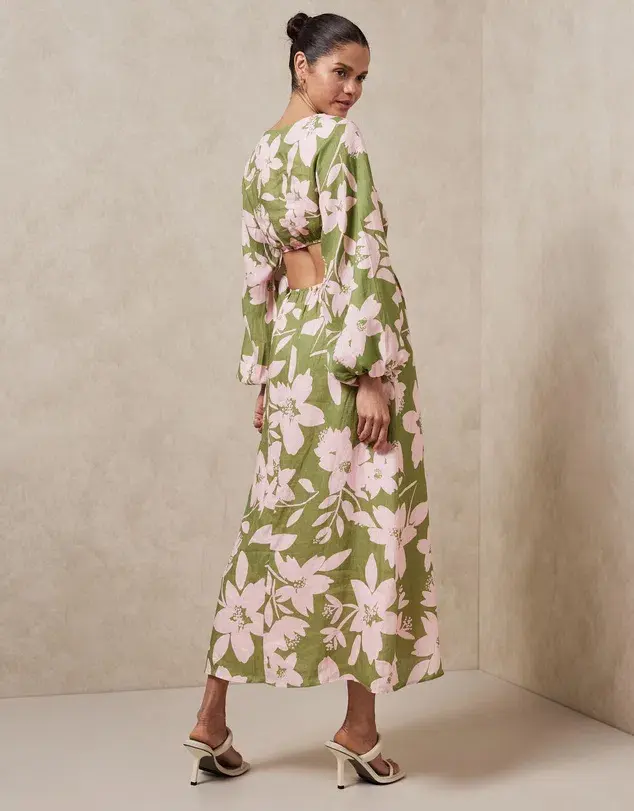 Aere Linen Billow Sleeve Maxi Dress Green Floral Size 6 - Image 3