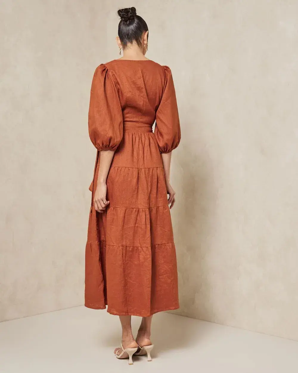 Aere Tiered Linen Wrap Midi Dress Dark Rust Size 10 - Image 2