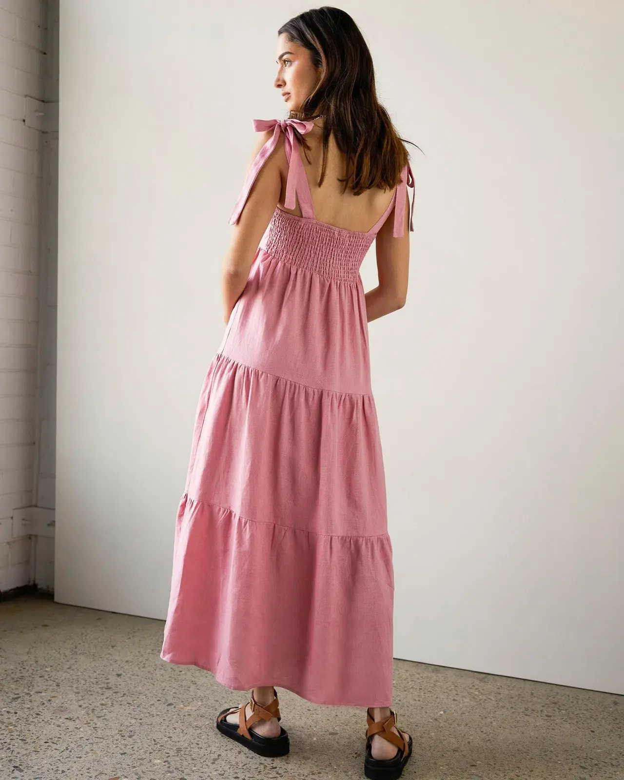Aere Linen Tie Strap Dress Pink Size 8 - Image 5