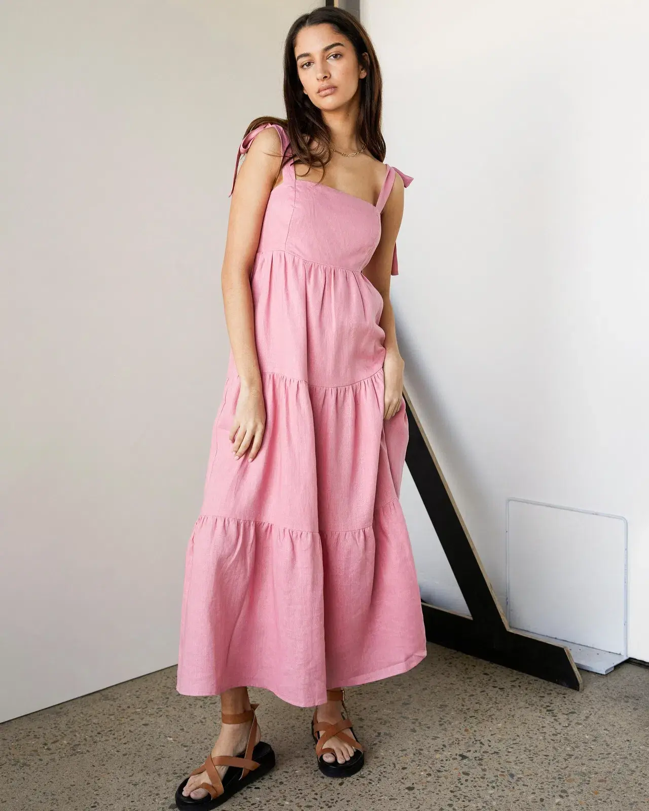 Aere Linen Tie Strap Dress Pink Size 8 - Image 2
