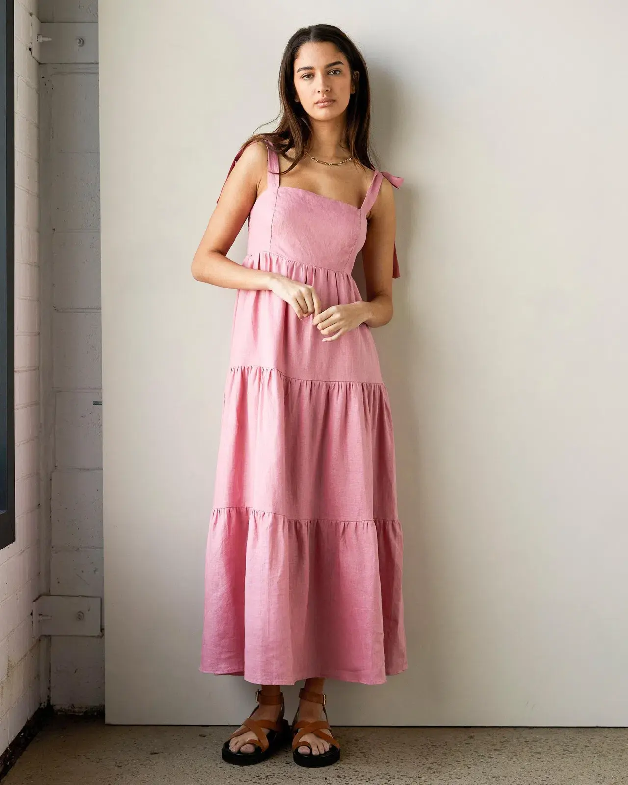 Aere Linen Tie Strap Dress Pink Size 8 - Image 1