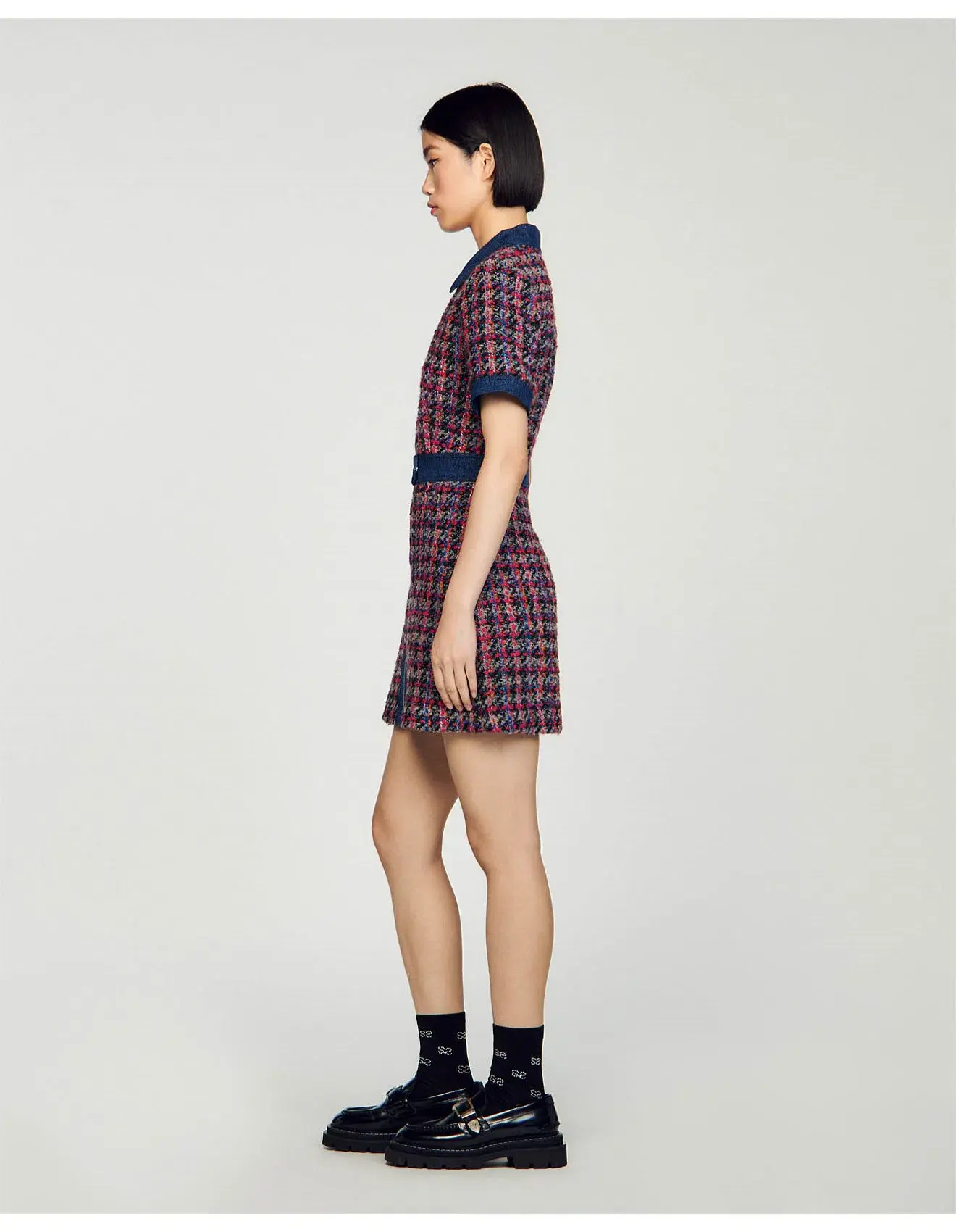 Sandro Denim Tweed Mini Dress Multi Size 12 AU - Image 4