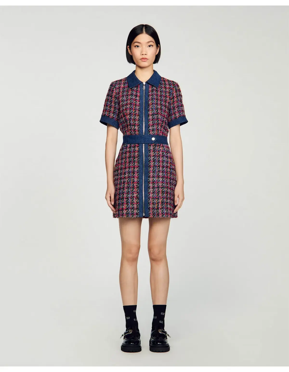 Sandro Denim Tweed Mini Dress Multi Size 12 AU - Image 1