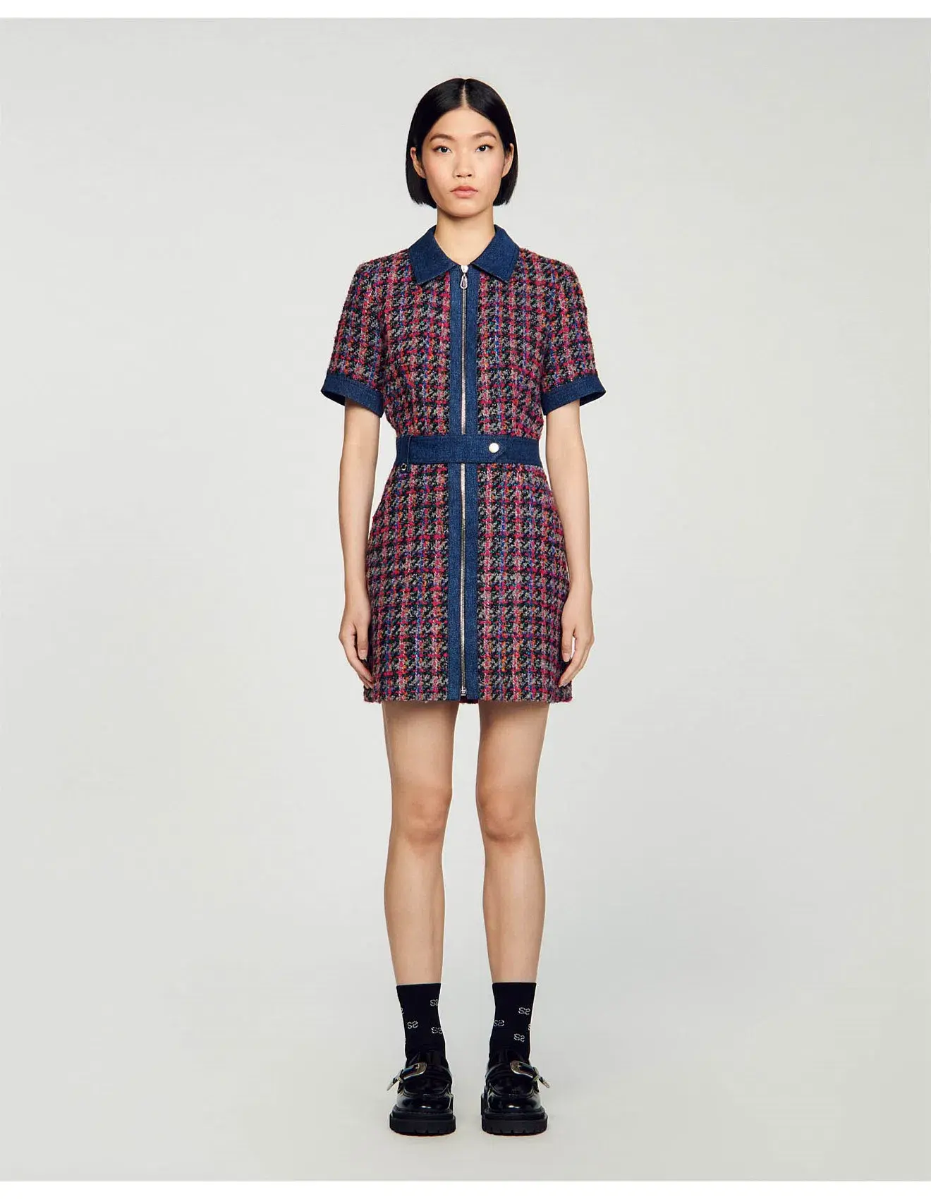 Sandro Denim Tweed Mini Dress Multi Size 12 AU - Image 1