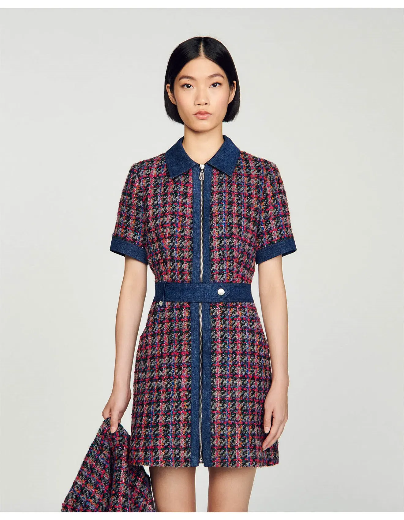Sandro Denim Tweed Mini Dress Multi Size 12 AU - Image 2