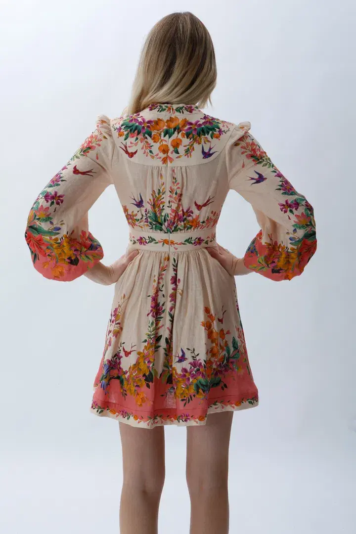 Zimmermann Tropicana Plunge Mini Dress in Cream Floral Size 0 / 8 AU for rent on The Volte - main image