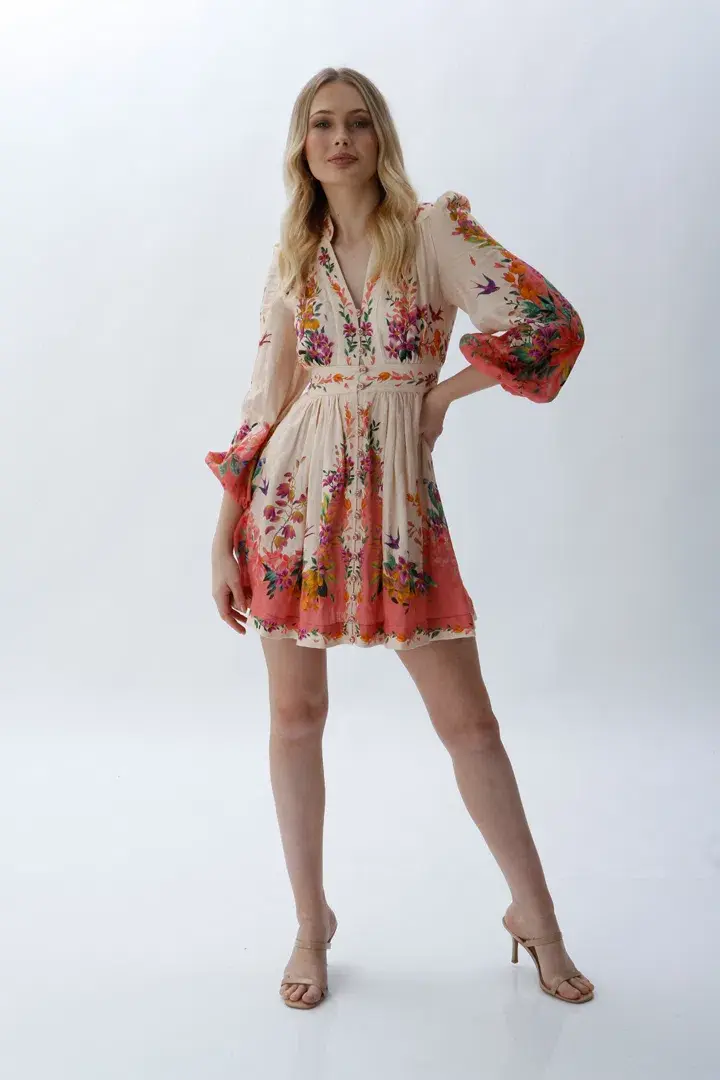 Zimmermann Tropicana Plunge Mini Dress in Cream Floral Size 0 / 8 AU for rent on The Volte - main image
