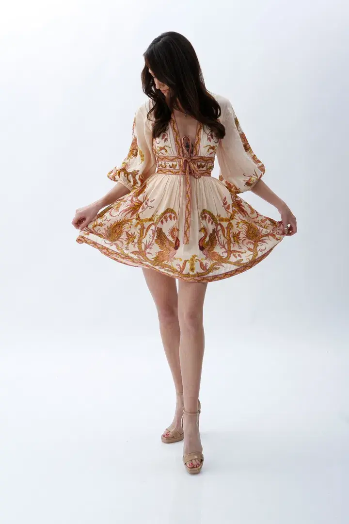 Zimmermann Cassia Plunge Bow Mini Dress Cream Bird Floral Size 0 / AU 8 - Image 1