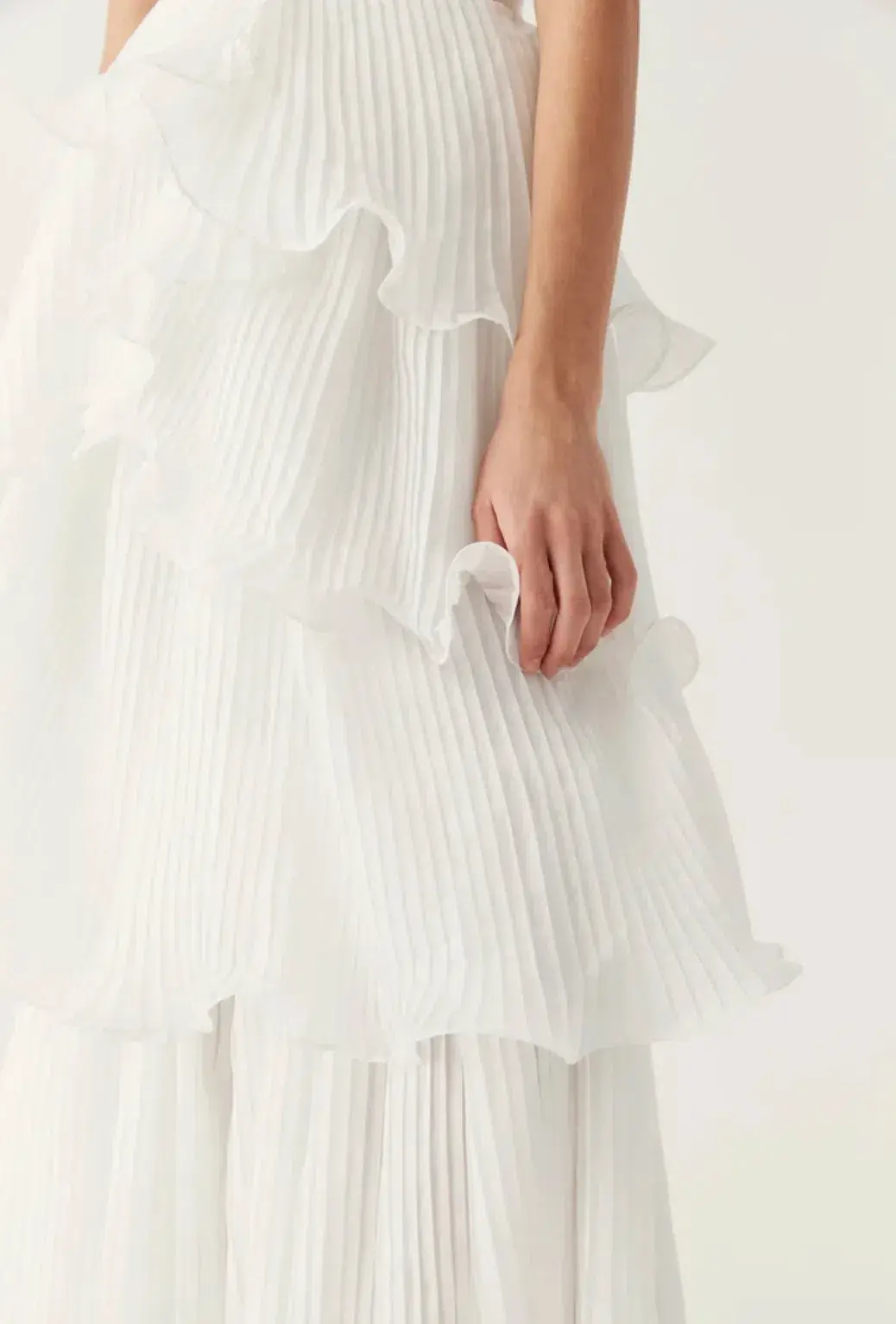Aje Sunbeam Ruched Bustier and Cosmos Tiered Maxi Skirt Set Ivory Size 8 - Image 5