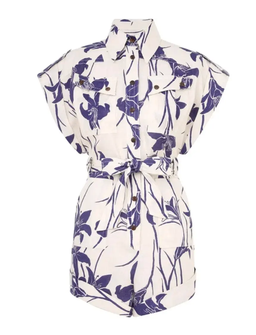 Zimmermann Acadian Cuffed Playsuit Ivory/Blue Floral Size 0 / AU 8 - Image 6