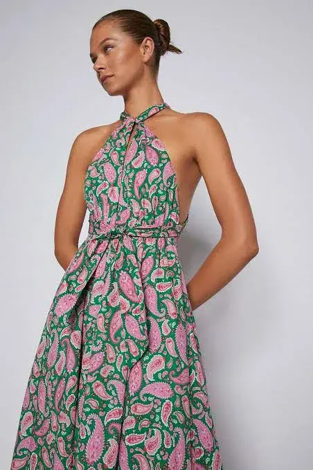 Scanlan Theodore Paisley Halter Maxi Dress Green Pink Size 6 - Image 2