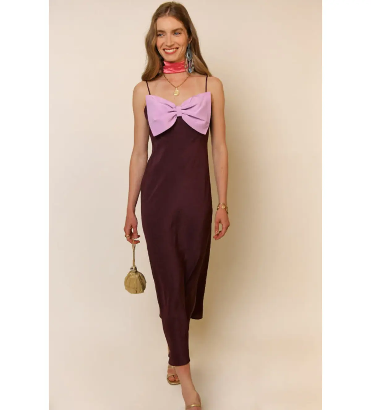Rixo Leanna Bow Silk Dress Chocolate/Lilac Size 10 - Image 1
