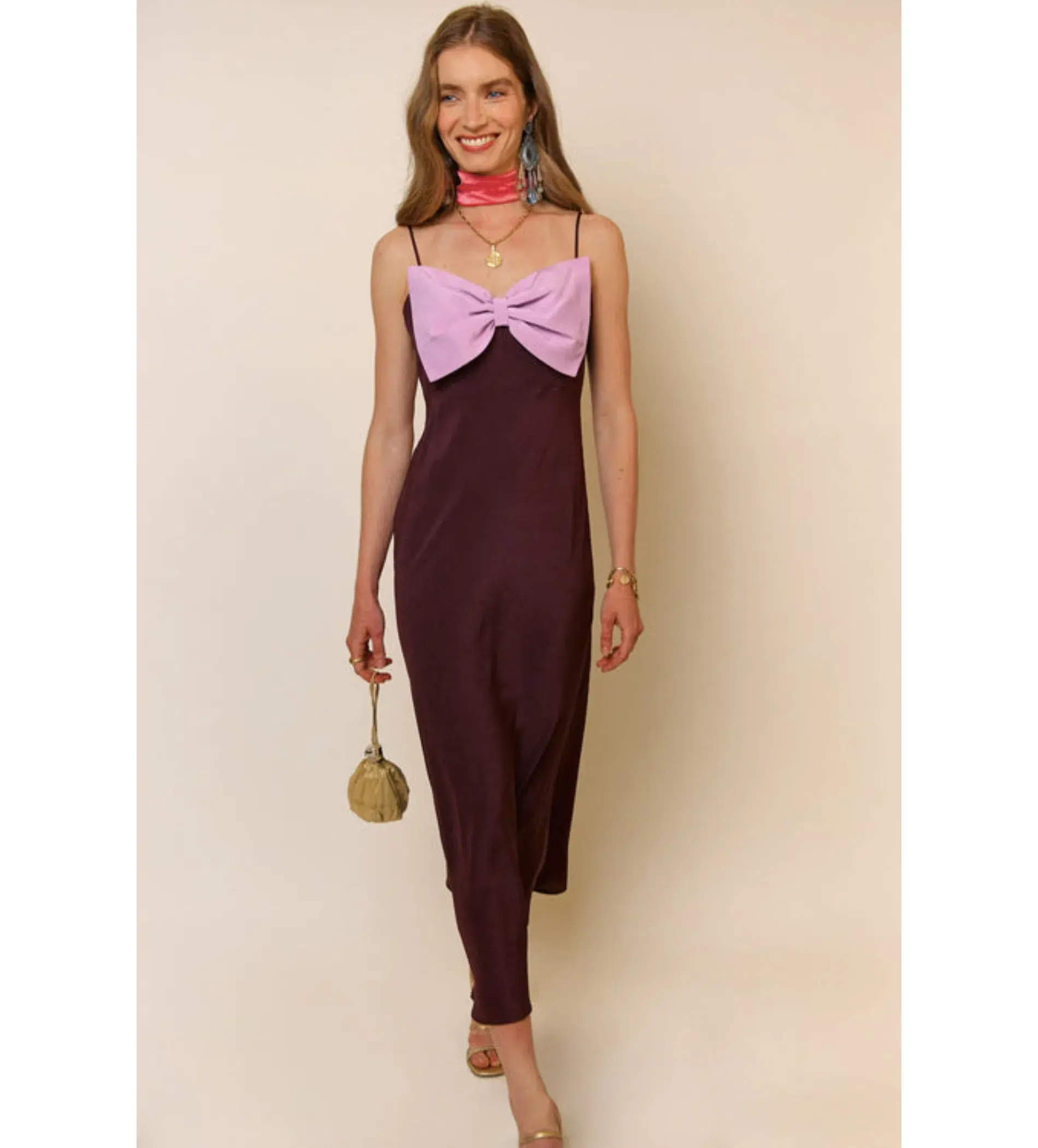 Rixo Leanna Bow Silk Dress Chocolate/Lilac Size 10 - Image 1