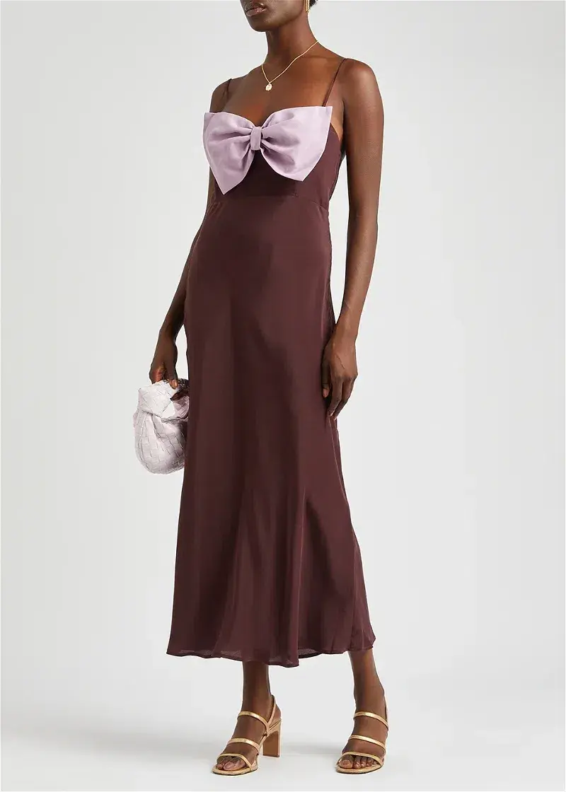 Rixo Leanna Bow Silk Dress Chocolate/Lilac Size 10 for rent on The Volte - main image