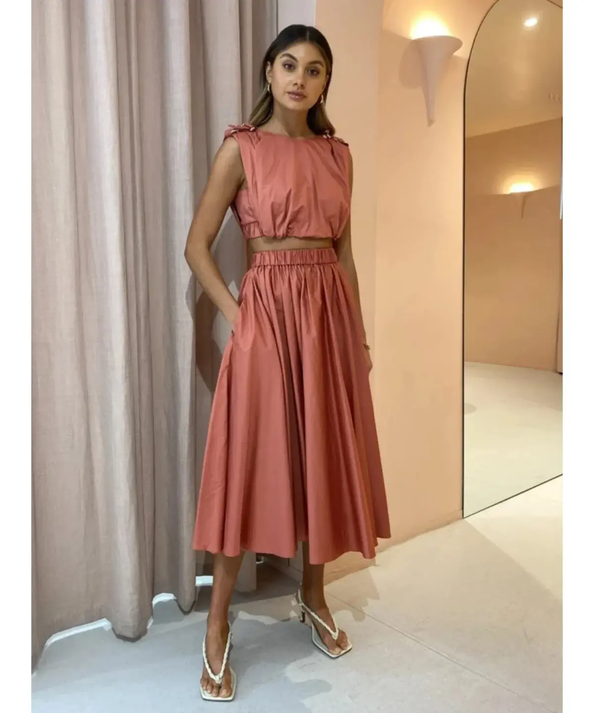 Acler Landon Top And Midi Skirt Set Terracotta Size AU 10 - Image 1