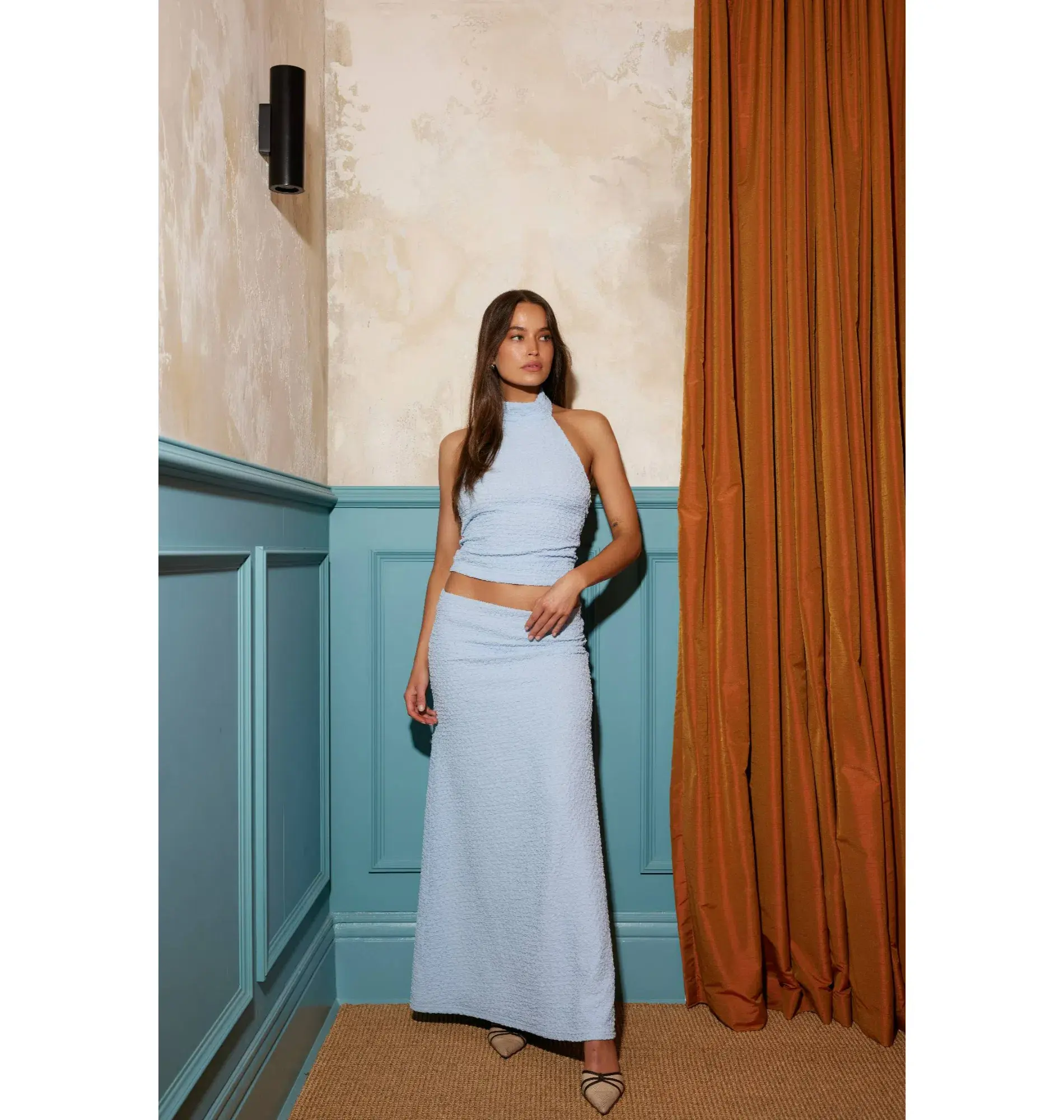 With Harper Lu Textured Halter Top & Textured Maxi Skirt Set in Baby Blue Size Medium / AU 10 - Image 1