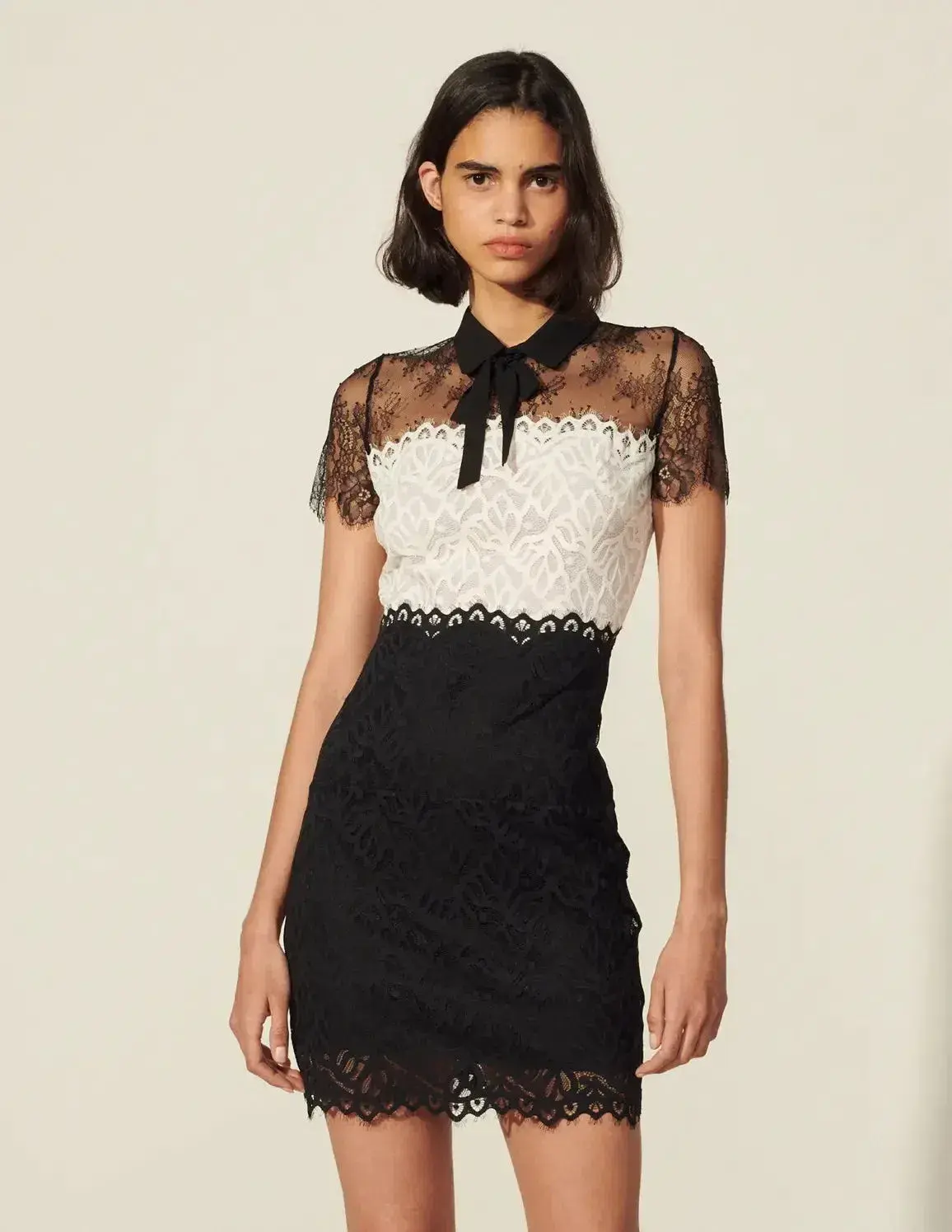 Sandro Two Tone Lace Mini Dress Ecru/Black Size 10 - Image 2