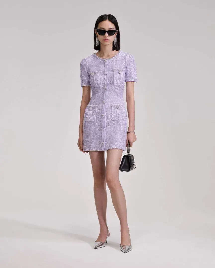 Self Portrait Sequined Knit Mini Dress With Crystals Lilac Size 8 for rent on The Volte - main image